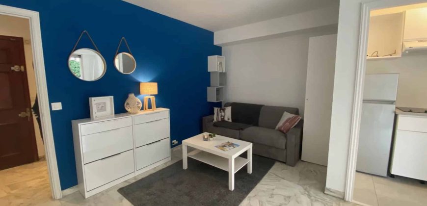 Cannes, bas BD Carnot, au calme, Grand studio meublé 30m2 avec terrasse, Très bon état, cave, expo OUEST